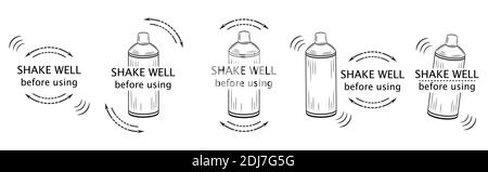 Schütteln Sie vor der Verwendung von Icon Set gut. Umriss der Shaker-Flasche. Mischflüssigkeit. Symbol für die Verpackung von Getränken, Medikamenten, Kosmetika, chemischen Produkten. Vektor Stock Vektor