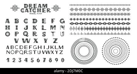 Tribal Alphabet und Ornamente. Buchstaben und Symbole im geometrischen ethnischen Stil. Azteken und indianer Stoffstil. Vektorgrafik Stock Vektor