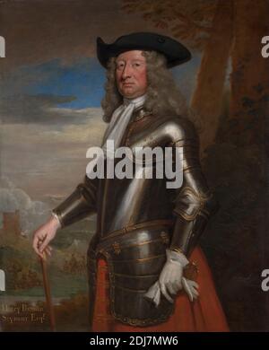 Henry Portman Seymour, Sir Godfrey Kneller, 1646–1723, Deutsch, in Großbritannien aktiv (ab 1676), 1714, Öl auf Leinwand, Stütze (PTG): 49 x 39 Zoll (124.5 x 99.1 cm), Rüstung, Armee, Lager (temporäre Siedlung), Handschuhe, Hut, Mann, Militärkunst, Militärlager, Porträt, Rauch, Zelt, Wanderstöcke, weiß, Perücke Stockfoto