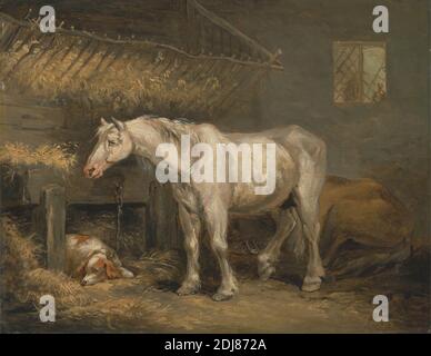 Alte Pferde mit Hund im Stall, George Morland, 1763–1804, Brite, ca. 1791, Öl auf Platte, Unterstützung (PTG): 11 3/4 x 15 Zoll (29.8 x 38.1 cm), Tiere, Stall, Hund (Tier), Heu, Pferde (Tiere), Ställe Stockfoto