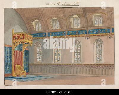 Entwurf für die Versetzung von Charles Keans Richard II im Princess's Theatre am 12. März 1857, Akt 5, Szene 4, George Cressal Ellis, ca. 1810–1875, undatiert, Aquarell und Graphit auf gewobenen Papier, auf zeitgemäßer Papierhalterung abgelegt, Blatt: 5 5/8 × 7 7/8 Zoll (14.3 × 20 cm) und Halterung: 6 5/8 × 9 Zoll (16.8 × 22.9 cm), architektonisches Thema, literarisches Thema Stockfoto