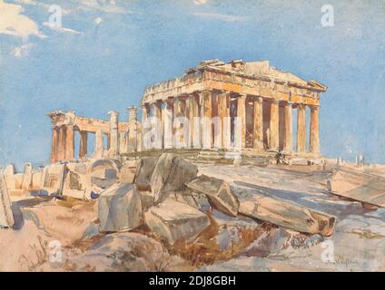 Der Parthenon vom nördlichen Ende des östlichen Portikus der Propylae, Abendlicht, John Fulleylove, 1845–1908, britisch, ca. 1895, Aquarell und Graphit, mit Auskratzen auf dickem, rauem, gewobenen Papier, Blatt: 10 7/8 × 15 3/8 Zoll (27.6 × 39.1 cm), architektonisches Motiv, Säulen, Felsen (Landformen), Ruinen, Tempel, Athen, Ellás, Europa, Großraum Athen, Parthenon Stockfoto