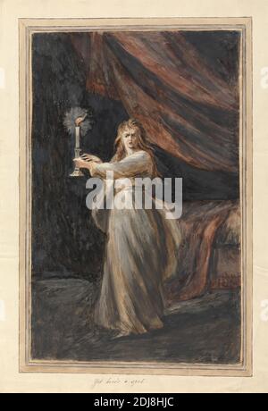 Lady Macbeth, SleepWalking, Mary Hoare, 1753–1820, British, 1781, Aquarell mit schwarzer Tinte, Kratzen und Gouache über Graphit auf dickem, leicht strukturiertem cremefarbenen Wove-Papier montiert auf mäßig dickem, leicht strukturiertem cremefarbenen Papier mit zeitgemäßer gezeichneter Bordüre, Mount: 21 1/16 x 14 1/2 Zoll (53.5 x 36.8 cm), zeitgemäßer gezeichneter Rand: 19 1/8 x 12 3/8 Zoll (48.6 x 31.5 cm) und Blatt: 17 7/16 x 11 3/16 Zoll (44.3 x 28.4 cm), Bett, Decken, Kerze, Kerzenständer, Mantel, Vorhänge, Kleid, Halluzination, literarisches Thema, Macbeth, Akt V, Szene I, Macbeth, Theaterstück von William Shakespeare, Theaterstück Stockfoto