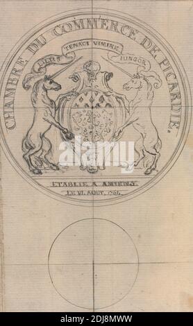 Design for a Coin: Chambre de Commerce de Picardie, 1761, Hubert-François Gravelot, 1699–1773, französisch, aktiv in Großbritannien (1733–45), 1761, Graphit im Stift mit schwarzer und grauer Tinte überzeichnet, quadratisch und zum Transfer eingeschnitzt auf Medium, leicht strukturiert, beigefarbenes Papier auf mäßig dickem, mäßig strukturiertem, cremefarbenen Papier montiert, Mit Blattgold, Aquarell, Stift in schwarzen und roten Tusche Randlinien, Halterung: 11 × 7 5/8 Zoll (27.9 × 19.4 cm), Contemporary Drawn Rand: 7 1/8 x 5 1/8 Zoll (18.1 x 13 cm), und Blatt: 5 1/2 x 3 1/2 Zoll. (14 x 8,9 cm), Wappen, Münze, Design, Emblem (Symbol Stockfoto