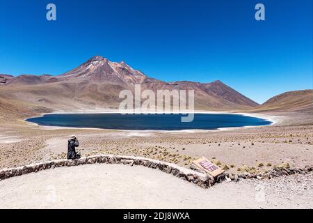 Laguna Miñiques, ein Brackensee auf einer Höhe von 4,120 Metern in der Anden-Zentralvulkanischen Zone, Chile. Stockfoto