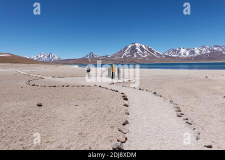 Touristen auf dem Weg zur Laguna Miscanti, einem Brackensee in 4,140 Metern Höhe, Central Volcanic Zone, Chile. Stockfoto