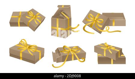 Mockup Karton Geschenkbox mit Schleifen Set. Container mit Goldband Band Dekoration. Verschiedene Boxen Vorlagensammlung. Leere Pappe Design Geburtstagsfeier, Weihnachtsfeier. Vektorgrafik Stock Vektor