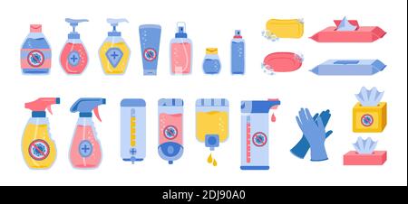 Desinfektion Desinfektionsflaschen, Karikatur-Set. Coronavirus Infografik flache Sammlung. Hygiene medizinische Waschgel, Spray, nasses Tuch, Flüssigseife und Serviette, Gummihandschuh. Isolierte Vektordarstellung Stock Vektor