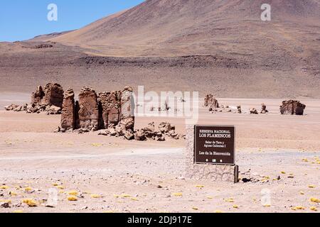 Steinformationen in Salar de Tara y Aguas Calientes I, Nationalpark Los Flamencos, Region Antofagasta, Chile. Stockfoto