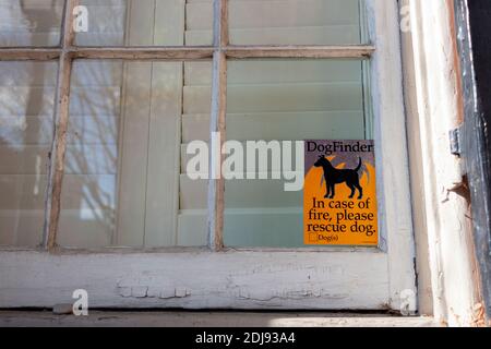 Alexandria, VA, USA 11-28-2020: Ein sehr nützlicher Fensteraufkleber, der auf dem Glasfenster eines alten Hauses angebracht ist, auf dem eine Hundefigur steht und auf dem steht: "In ca. Stockfoto