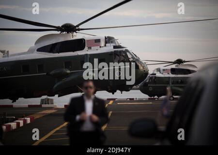 US-Präsident Barack Obama kommt am Sonntag, den 18. September 2016, in Marine One vor der Generalversammlung am Hauptsitz der Vereinten Nationen (UN) in New York, USA, an. Obama wird am Dienstag bei seinem letzten großen Auftritt beim Treffen der Staats- und Regierungschefs der Welt vor der 71. UN-Generalversammlung sprechen. Foto von John Taggart/Pool/ABACAPRESS.COM Stockfoto