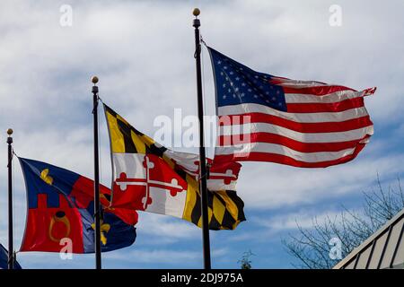 An einem windigen Tag wehen Dreiflaggen auf separaten Fahnenmasten gegen den blauen Himmel. Von rechts nach links stehen sie für: USA, Staat Maryland und Montgomer Stockfoto