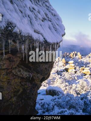 Chiricahua National Monument AZ / NOV ein herbstlicher Schneesturm klärt sich am frühen Morgen über der Wildnis der Felsen am Massai Point. Stockfoto