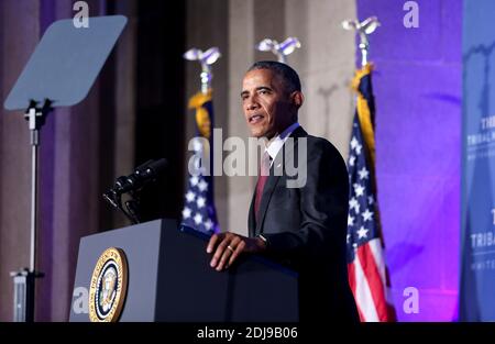 US-Präsident Barack Obama spricht auf der Stammeskonferenz des Weißen Hauses 2016 im Andrew W. Mellon Auditorium, 26. September 2016, Washington, DC, USA. Die Konferenz bietet Stammesführern die Möglichkeit, direkt mit Regierungsbeamten und Mitgliedern des Rates für indianische Angelegenheiten des Weißen Hauses zu interagieren. Foto von Aude Guerrucci/Pool/ABACAPRESS.COM Stockfoto