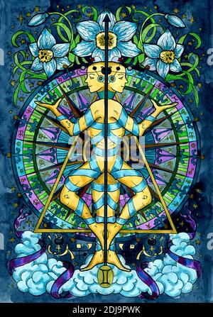 Gemini-Symbol. Sternzeichen, handgezeichnete Fantasy-Grafik-Illustration. Okkulte mystische Zeichnung mit Horoskop-Symbol, Astrologie Konzept Stockfoto