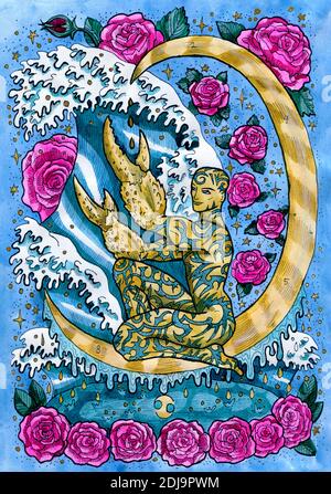 Krebs-Symbol. Sternzeichen, handgezeichnete Fantasy-Grafik-Illustration. Okkulte mystische Zeichnung mit Horoskop-Symbol, Astrologie Konzept Stockfoto