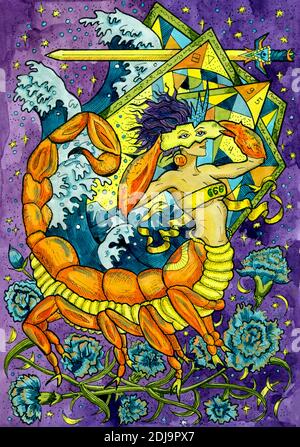 Skorpion-Symbol. Sternzeichen, handgezeichnete Fantasy-Grafik-Illustration. Okkulte mystische Zeichnung mit Horoskop-Symbol, Astrologie Konzept Stockfoto