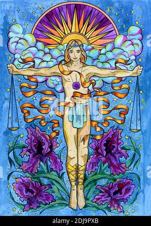 Waage-Symbol. Sternzeichen, handgezeichnete Fantasy-Grafik-Illustration. Okkulte mystische Zeichnung mit Horoskop-Symbol, Astrologie Konzept Stockfoto