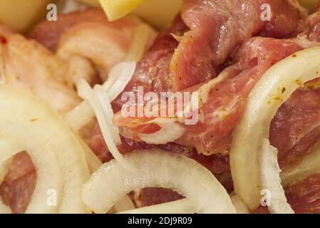 Schweinefleisch, Kartoffeln, Tomaten und Zwiebeln, fertig zum Backen Stockfoto