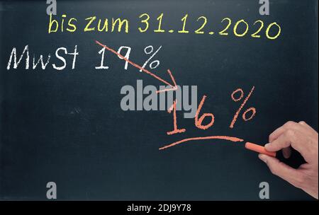 Konzeptionelles Bild mit einem Mann, der auf einer Tafel für Konjunkturpakete für Deutschland schreibt. Stockfoto