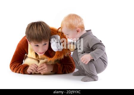 Auf weißem Hintergrund spielt das Kind mit seinem Bruder, gekleidet in ein Karnevalslöwenkostüm. Älterer und jüngerer Bruder spielen. Lustige Kinder. Stockfoto