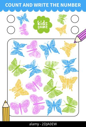 Kinder Brettspiel für Vorschulkinder und Grundschüler Arbeitsblätter, Kindergarten.Page Für Kinder pädagogisches Buch.Cute insrct Schmetterling Stock Vektor