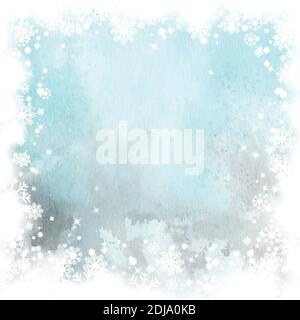 Winter weihnachtskarte handbemaltes Aquarell. Kunstwerk Schneeflocken und Schnee fallen auf Splatter Flecken Aquarell Hintergrund. Stock Vektor