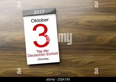 3d-Rendering eines Kalenders der 3. Oktober Tag der deutschen Einheit Text in deutscher Sprache Stockfoto