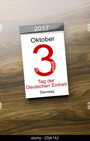 3d-Rendering eines Kalenders der 3. Oktober Tag der deutschen Einheit Text in deutscher Sprache Stockfoto