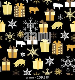 Weihnachtsvektor nahtlose Muster mit Schweinen, Geschenke und Schneeflocken in Grafik-Design-Illustration Stock Vektor