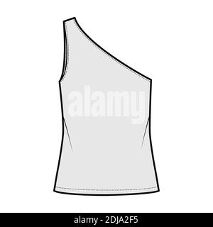 One-Shoulder Top Tank technische Mode-Illustration mit übergroßen Körper, Tunika Länge Saum. Flach außen Hemd Bekleidungsschablone vorne, grau. Frauen, Männer Unisex CAD mockup Stock Vektor