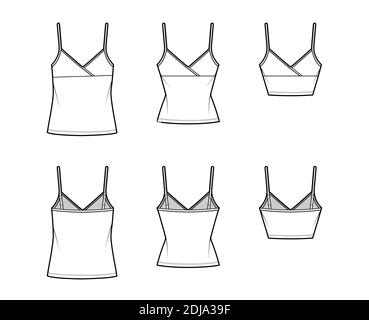 Set von Camisoles Surplice Tank Top technische Mode Illustration mit Empire-Naht, verstellbare Träger, schlank oder überdimensional Passform, Crop oder Tunika Länge. Flache Vorlage vorne zurück weiße Farbe. Frauen Männer CAD Stock Vektor