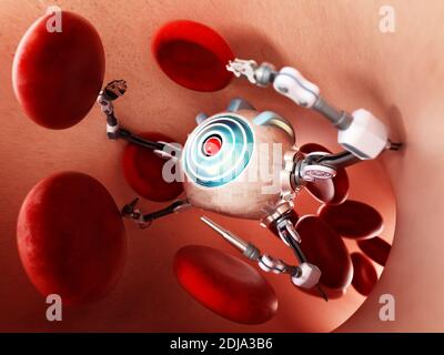 Medizinischer Nano-Roboter in der menschlichen Vene. 3D-Illustration. Stockfoto