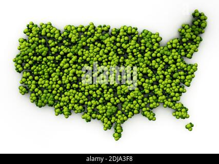 Karte der USA mit einfachen Bäumen bedeckt. 3D-Illustration. Stockfoto