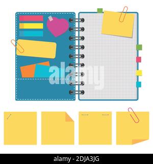 Öffnen Sie Notizblock mit sauberen Blättern auf einer Spirale mit Lesezeichen zwischen den Seiten. Satz gelber Aufkleber. Farbenfrohe, flache Vektorgrafiken isoliert auf dem Whi Stock Vektor