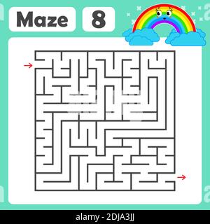 Ein quadratisches Labyrinth. Entwicklungsspiel für Kinder. Farbige Vektor-Ebene, Isolierte Abbildung. Mit einem niedlichen Regenbogencartoon. Stock Vektor