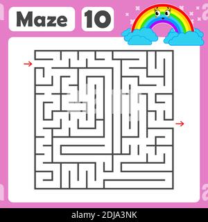 Ein quadratisches Labyrinth. Entwicklungsspiel für Kinder. Farbige Vektor-Ebene, Isolierte Abbildung. Mit einem niedlichen Regenbogencartoon. Stock Vektor
