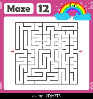 Ein quadratisches Labyrinth. Entwicklungsspiel für Kinder. Farbige Vektor-Ebene, Isolierte Abbildung. Mit einem niedlichen Regenbogencartoon. Stock Vektor