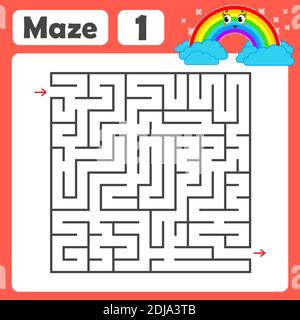 Ein quadratisches Labyrinth. Entwicklungsspiel für Kinder. Farbige Vektor-Ebene, Isolierte Abbildung. Mit einem niedlichen Regenbogencartoon. Stock Vektor