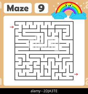 Ein quadratisches Labyrinth. Entwicklungsspiel für Kinder. Farbige Vektor-Ebene, Isolierte Abbildung. Mit einem niedlichen Regenbogencartoon. Stock Vektor