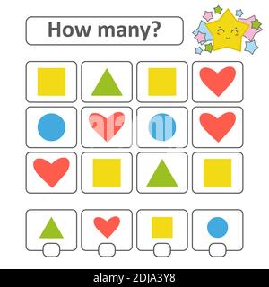 Zählspiel für Vorschulkinder. Herz, Quadrat, Kreis, Dreieck. Mit einem Ort für Antworten. Einfache, flach isolierte Vektorgrafiken Stock Vektor
