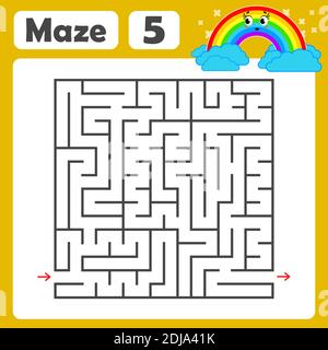 Ein quadratisches Labyrinth. Entwicklungsspiel für Kinder. Farbige Vektor-Ebene, Isolierte Abbildung. Mit einem niedlichen Regenbogencartoon. Stock Vektor