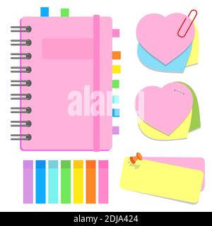 Ein Satz Schanzenklänge. Geschlossenes Notizbuch auf einer Spirale, klebrige Blätter verschiedener Formen, Registerkarten. Vektorgrafiken isoliert auf weißem Hintergrund. Stock Vektor