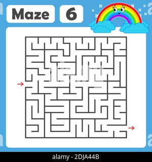 Ein quadratisches Labyrinth. Entwicklungsspiel für Kinder. Farbige Vektor-Ebene, Isolierte Abbildung. Mit einem niedlichen Regenbogencartoon. Stock Vektor