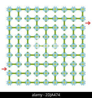 Buntes quadratisches Labyrinth mit Blumen. Entwicklungsspiel für Kinder. Einfache flache Vektorgrafiken isoliert auf weißem Hintergrund. Stock Vektor