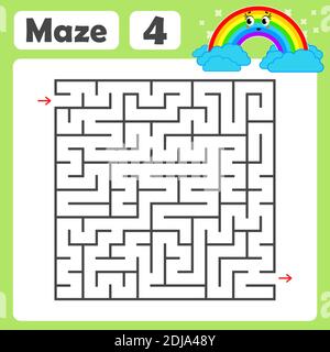 Ein quadratisches Labyrinth. Entwicklungsspiel für Kinder. Farbige Vektor-Ebene, Isolierte Abbildung. Mit einem niedlichen Regenbogencartoon. Stock Vektor