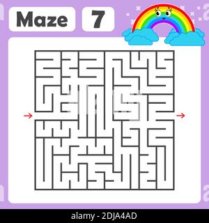 Ein quadratisches Labyrinth. Entwicklungsspiel für Kinder. Farbige Vektor-Ebene, Isolierte Abbildung. Mit einem niedlichen Regenbogencartoon. Stock Vektor