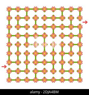 Buntes quadratisches Labyrinth mit Blumen. Entwicklungsspiel für Kinder. Einfache flache Vektorgrafiken isoliert auf weißem Hintergrund. Stock Vektor