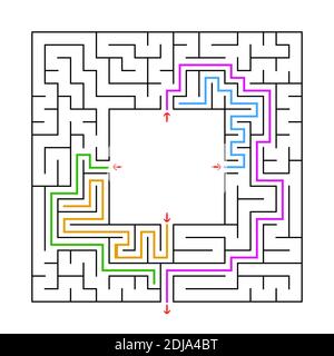Ein quadratisches Labyrinth. Finden Sie den richtigen Weg aus der Mitte des Labyrinths. Einfache flache Vektordarstellung. Mit einem Platz für Ihr Bild. Stock Vektor