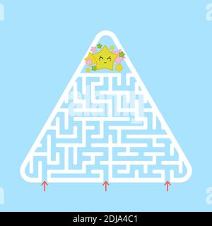 Dreieckiges weißes Labyrinth. Finden Sie den richtigen Eingang zum Labyrinth. Eine einfache, flache Vektorgrafik, isoliert auf einem blauen Hintergrund. Mit einem Cartoon Stock Vektor